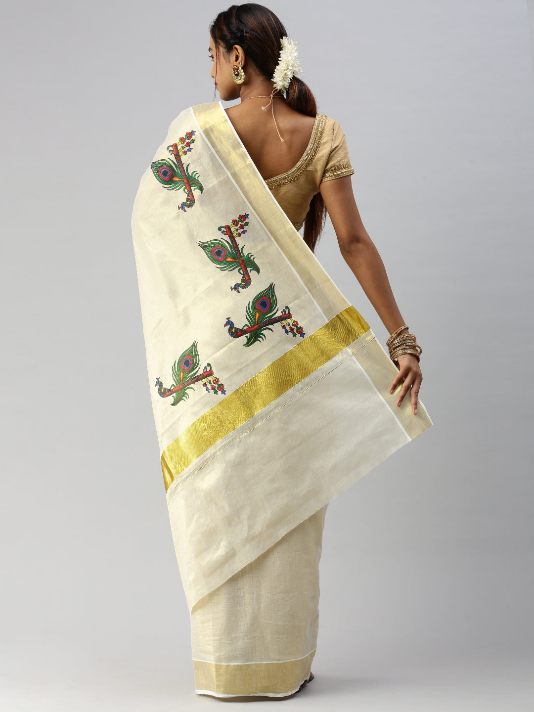 Womens Kerala Tissue Peacock & Flute Printed Gold Jari Border Saree OKS36-Back view