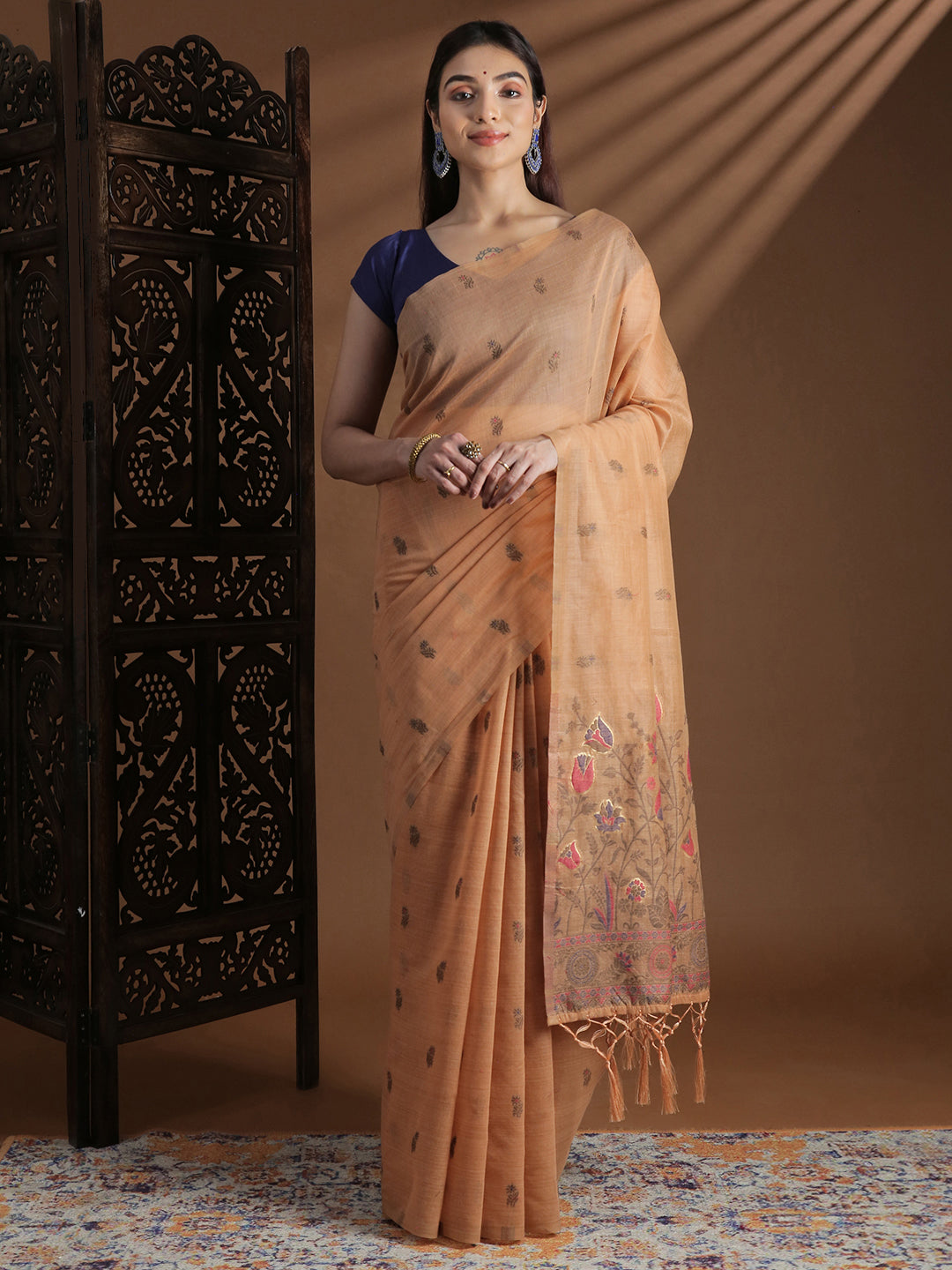 Women Peach Cotton Weaving Saree PCS254