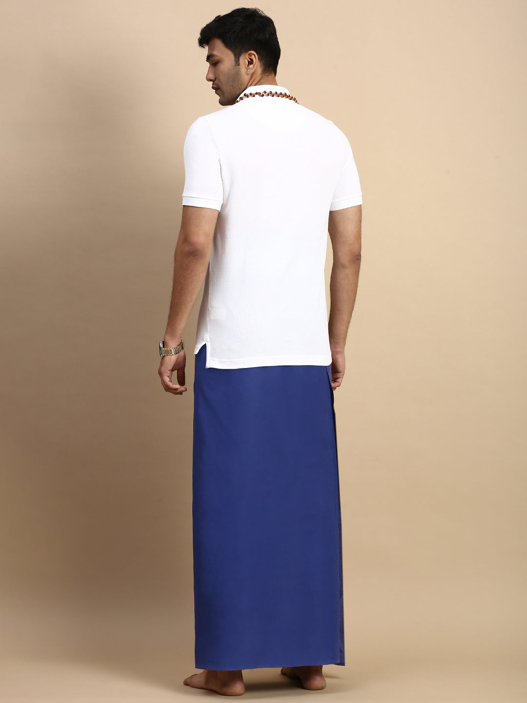 Men Devotional Small Border Dhoti & TShirt Set Blue EP1