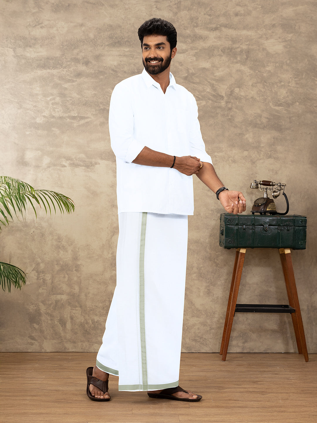 Men Cotton Blend Single Layer White Dhoti with Fancy Jari Border HSF09