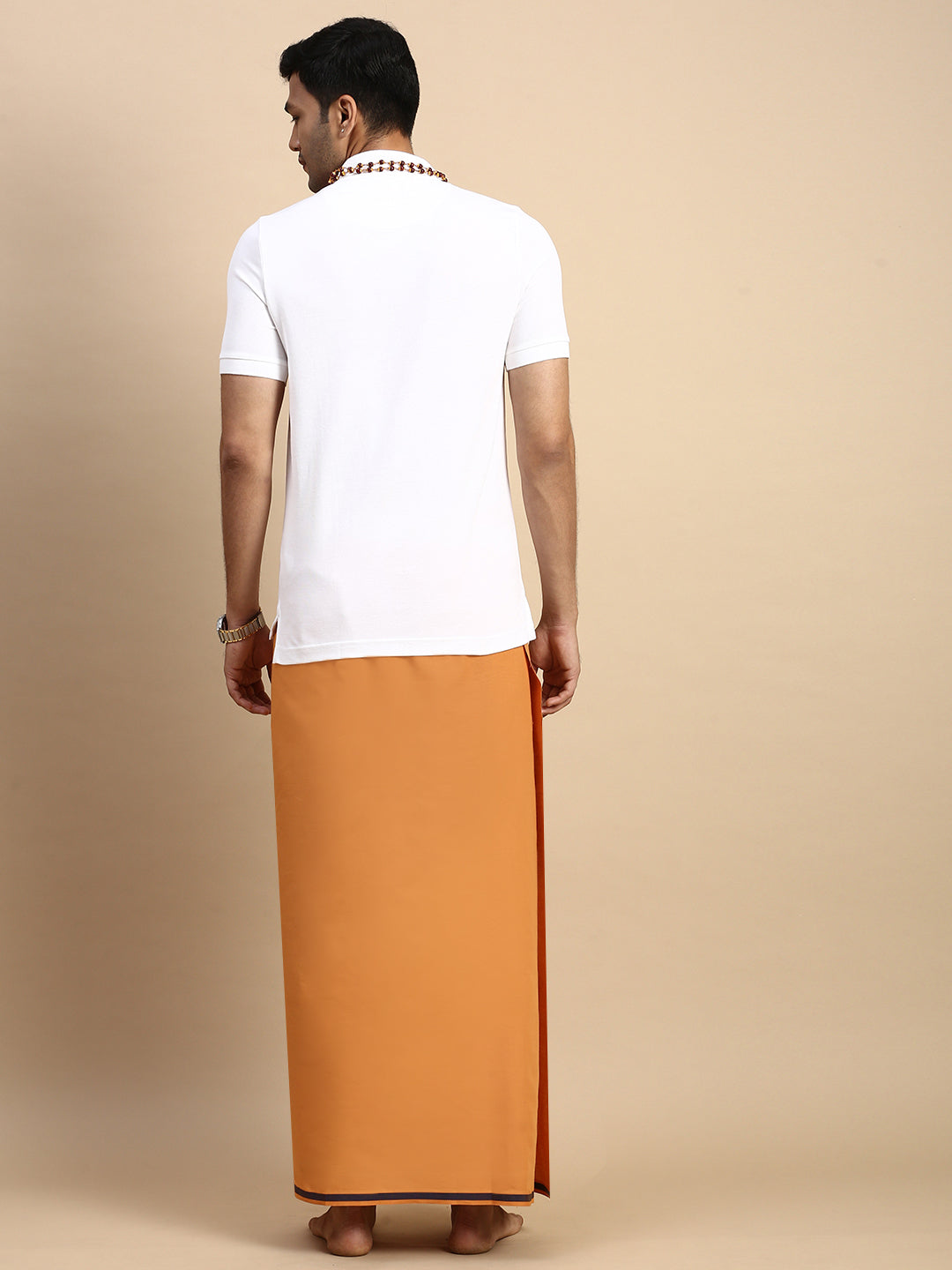 Men Devotional Big Border Dhoti & TShirt Set Kaavi EP1