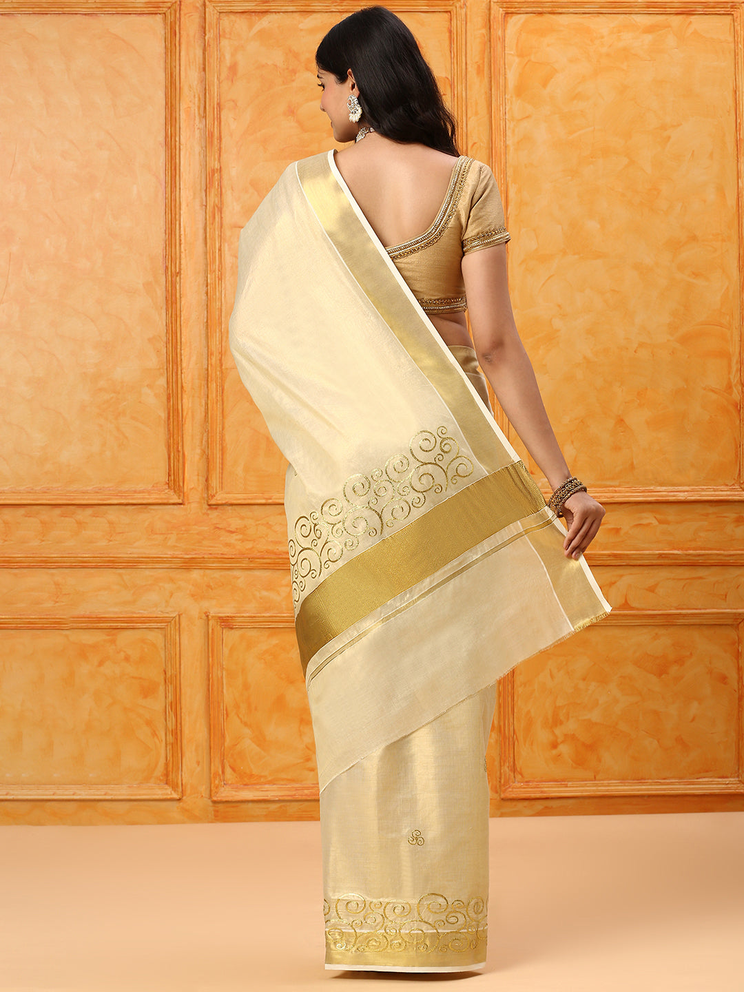 Kerala Cream Gold Jari Embroidery Saree KS110