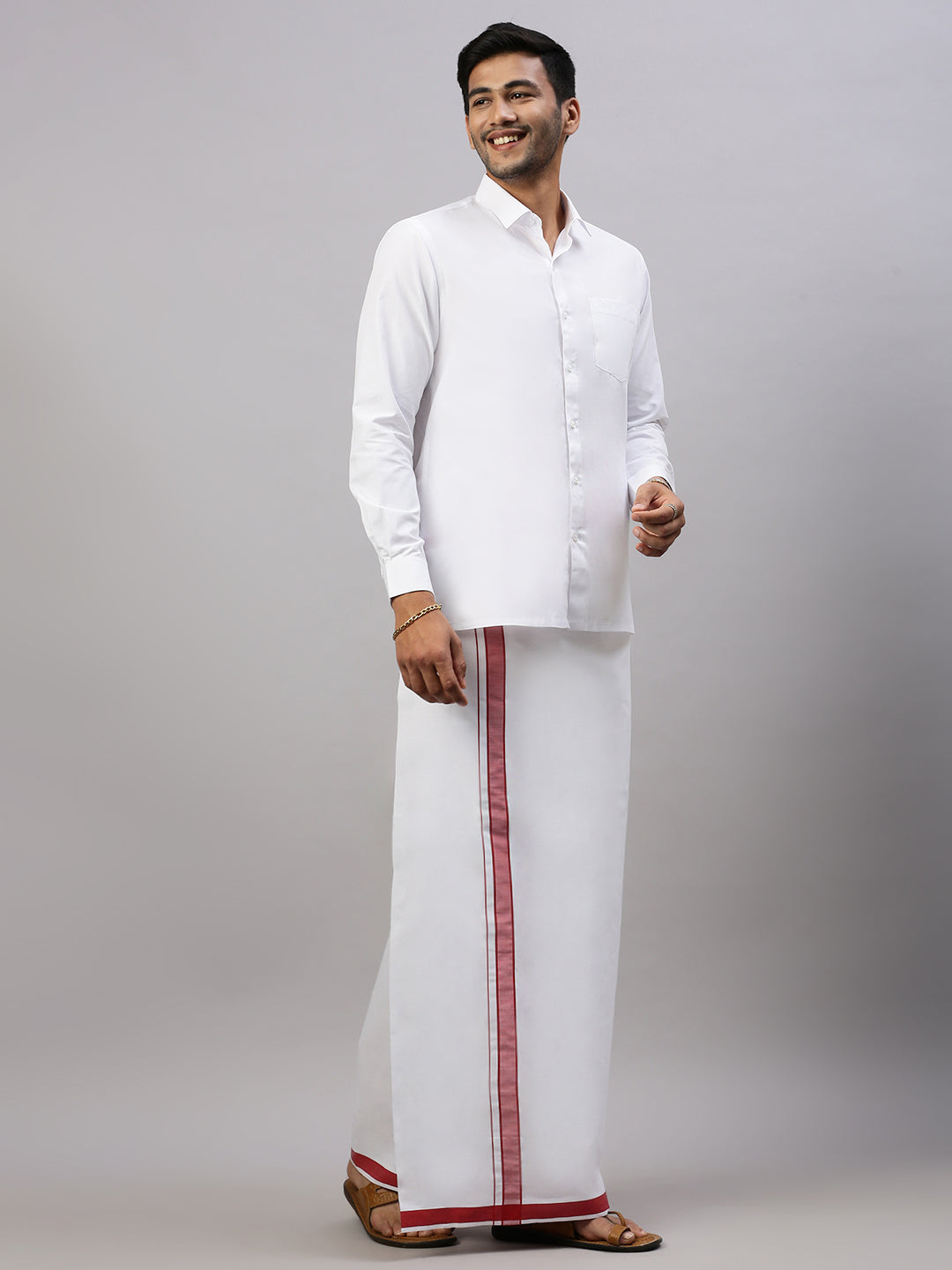 Mens Prestigious Look Cotton Single Dhoti with Red Fancy Border - Winner Plain