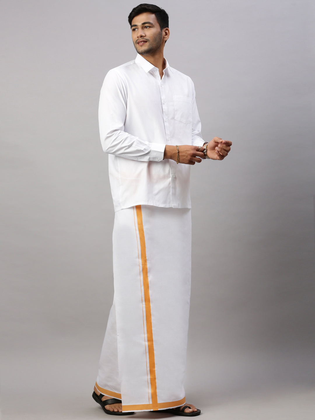 Mens Elegant Look Cotton Single Dhoti with Yellow Fancy Border