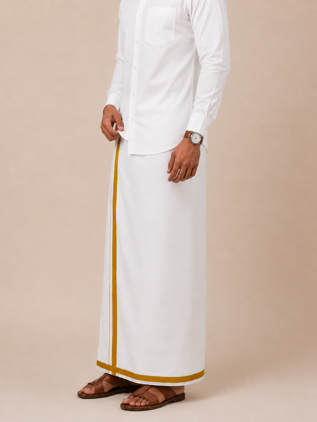 Men 100% Cotton Double Layer White Dhoti with Big Border Wisdom WB04
