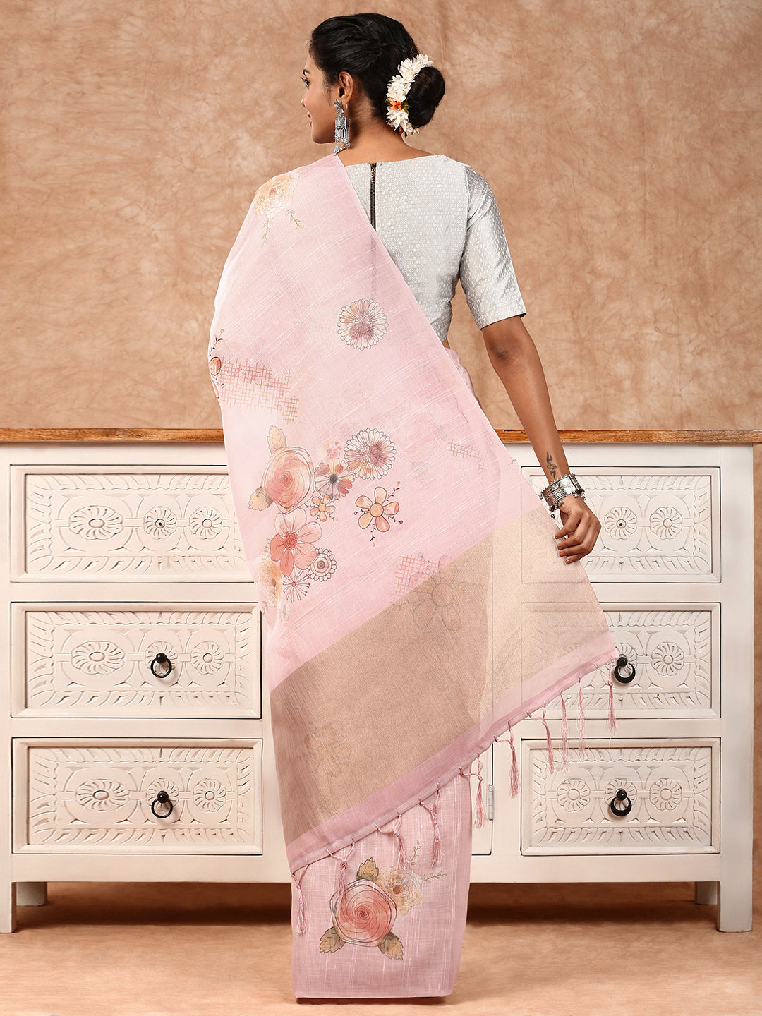 Women Semi Linen Saree Pink SL128