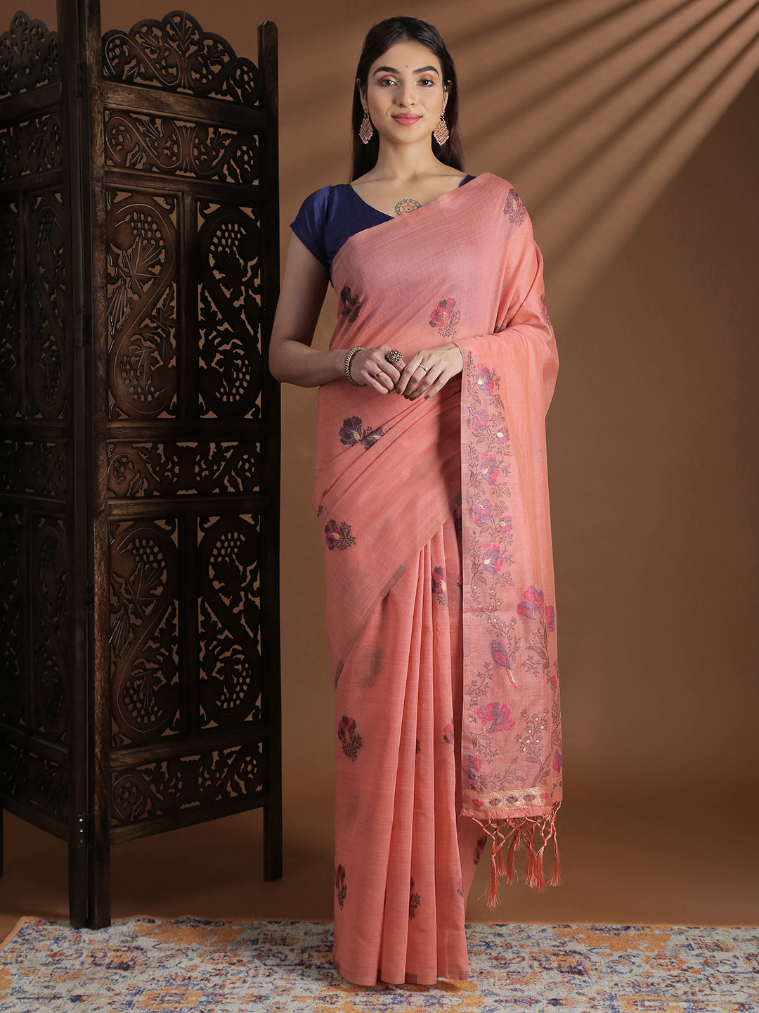 Women Peach Cotton Weaving Saree PCS245