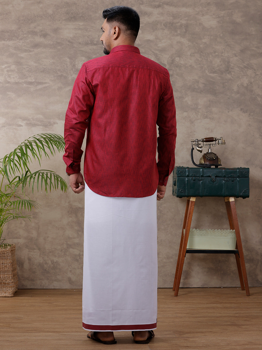 Men Matching Border Dhoti & Full Sleeves Shirt Set Maroon C81