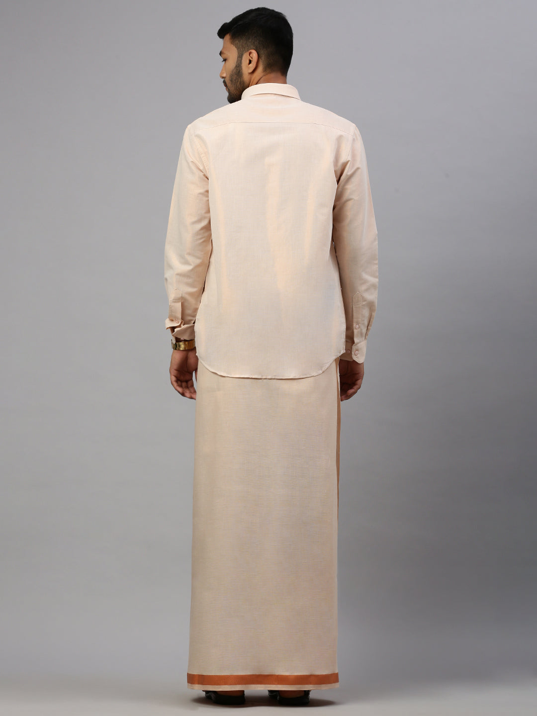 Men Copper Tissue Full Sleeve Shirt with Matching Readymade Single Dhoti Combo