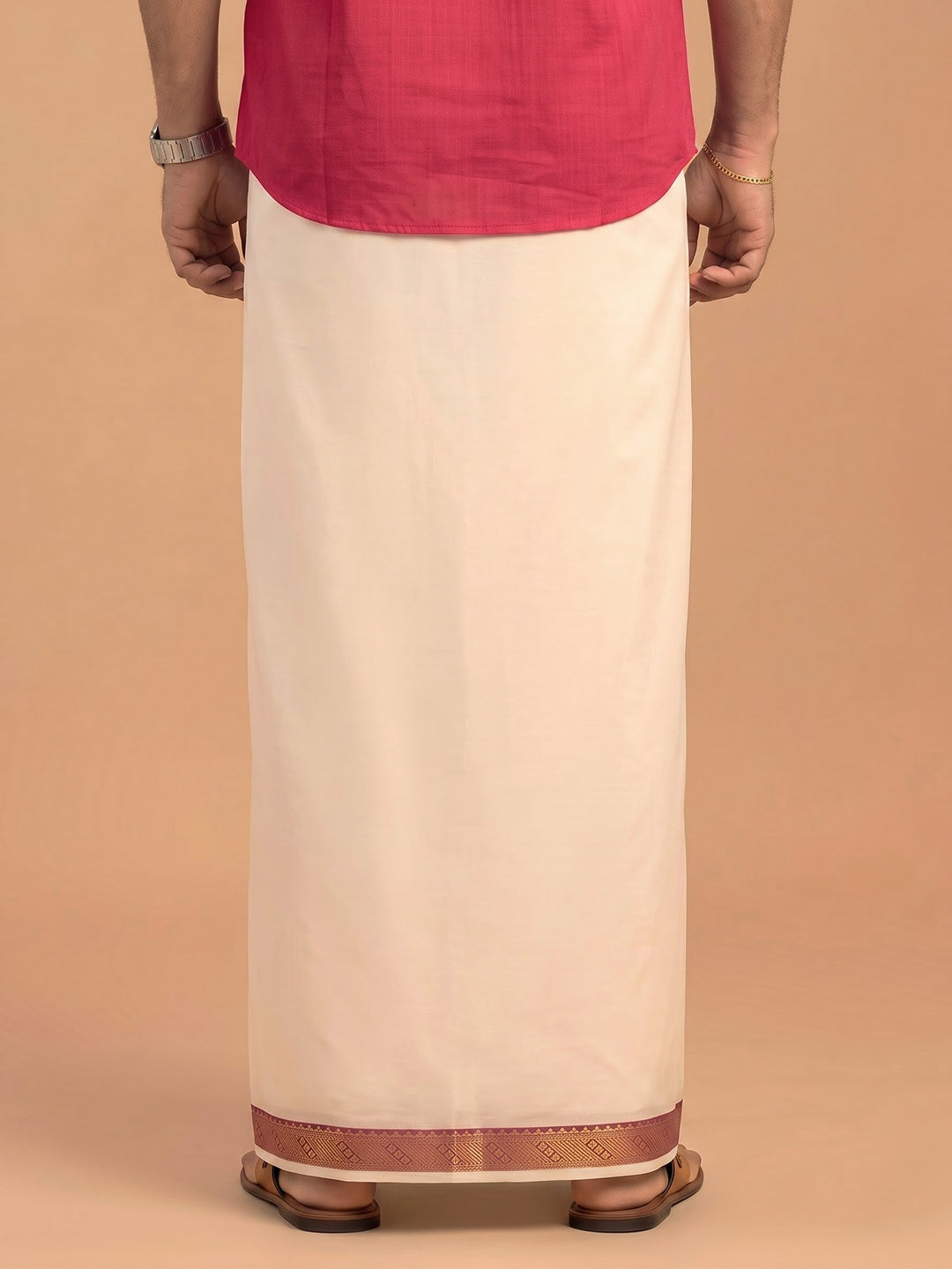 Double Layer 100% Cotton Cream Kora Dhoti with Colour Jari Border - CF03