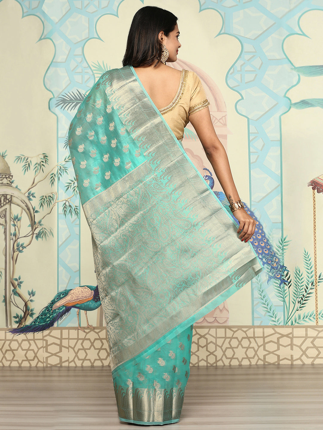 Women Semi Orgenza Weaving Saree Green SOS19