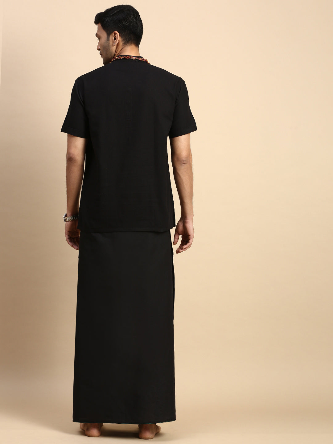 Men Devotional Small Border Dhoti & Kurta Set Black PB17