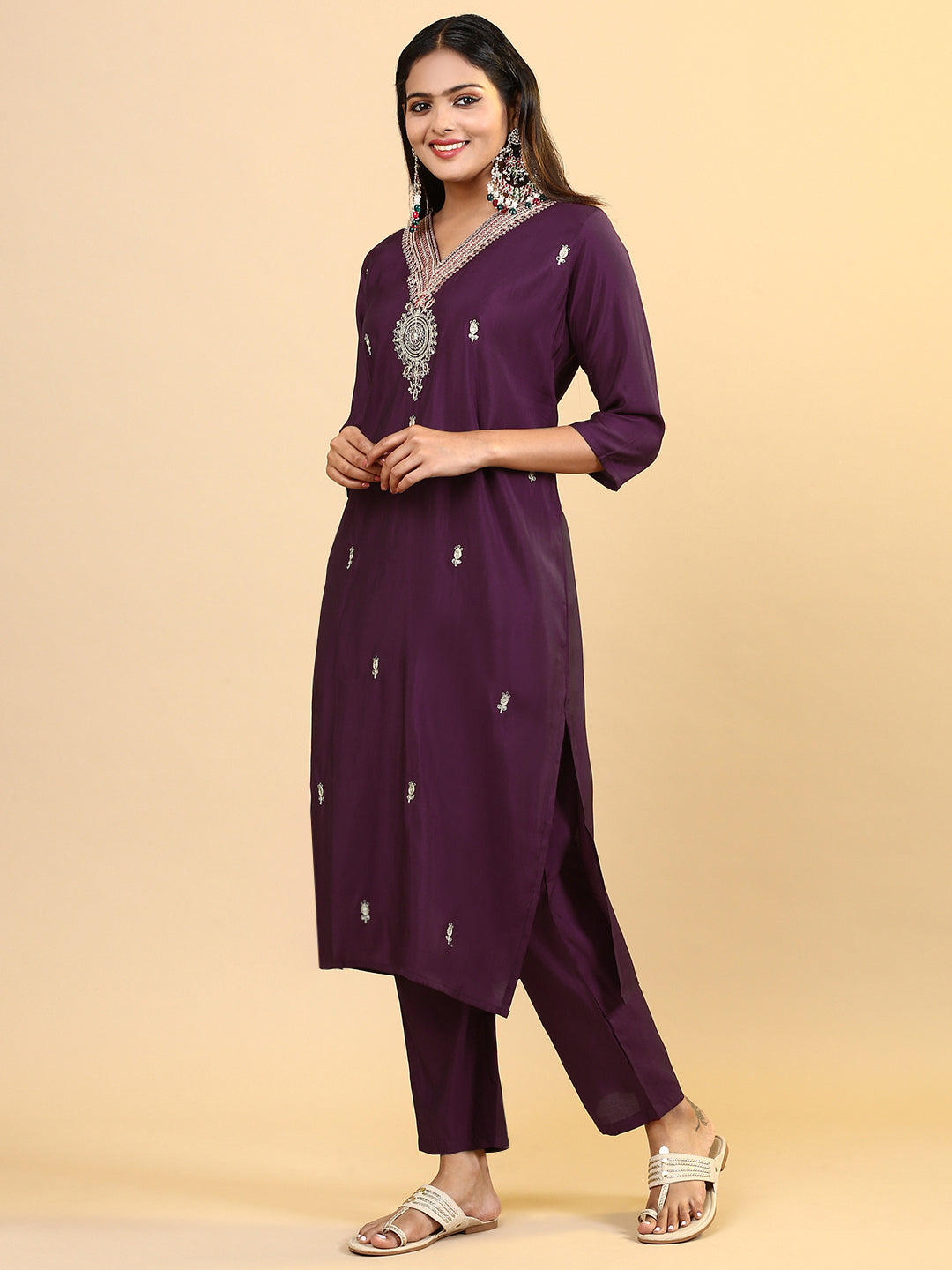 Women Cotton Embroidered Kurti Sets Purple EKS16