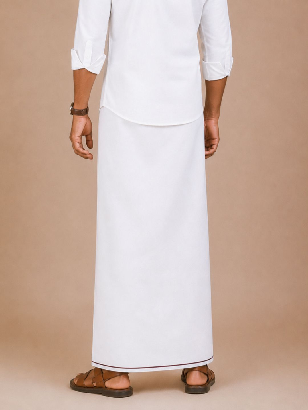 Men 100% Cotton Double Layer White Dhoti with Small Border Real Value RV01