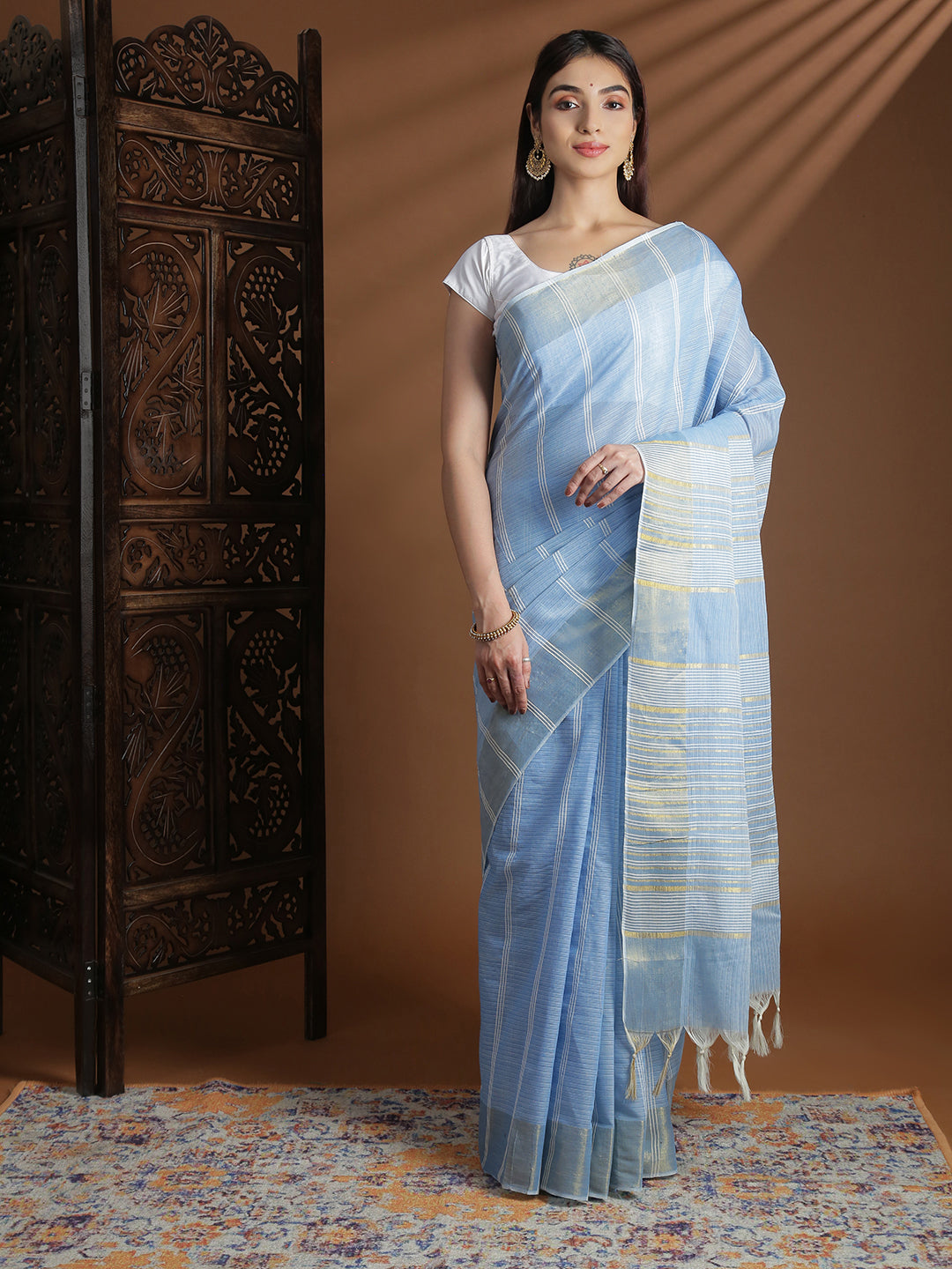 Women Blue Striped Cotton Jute Saree CJ09