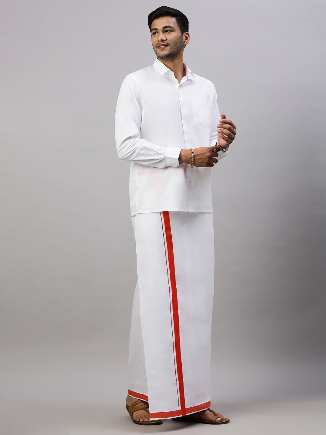 Mens White Shirt with Single Dhoti Dark Orange Combo WS08