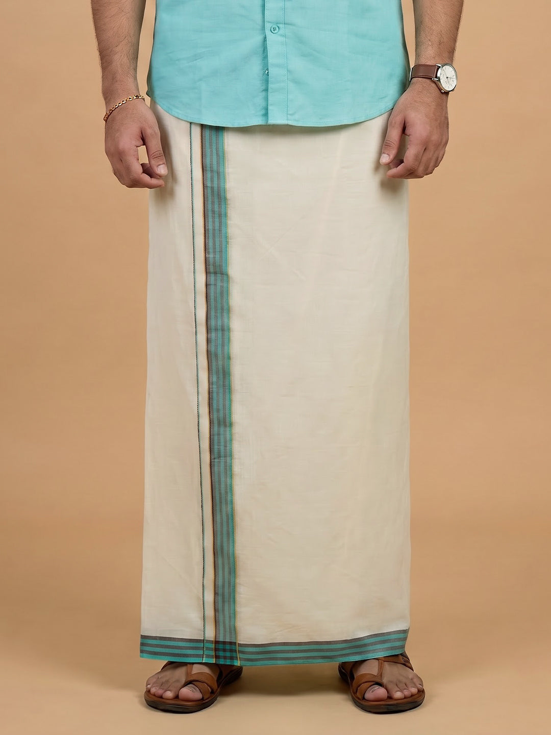 Double Layer 100% Cotton Cream Kora Dhoti with Colour Jari Border - SSJ02