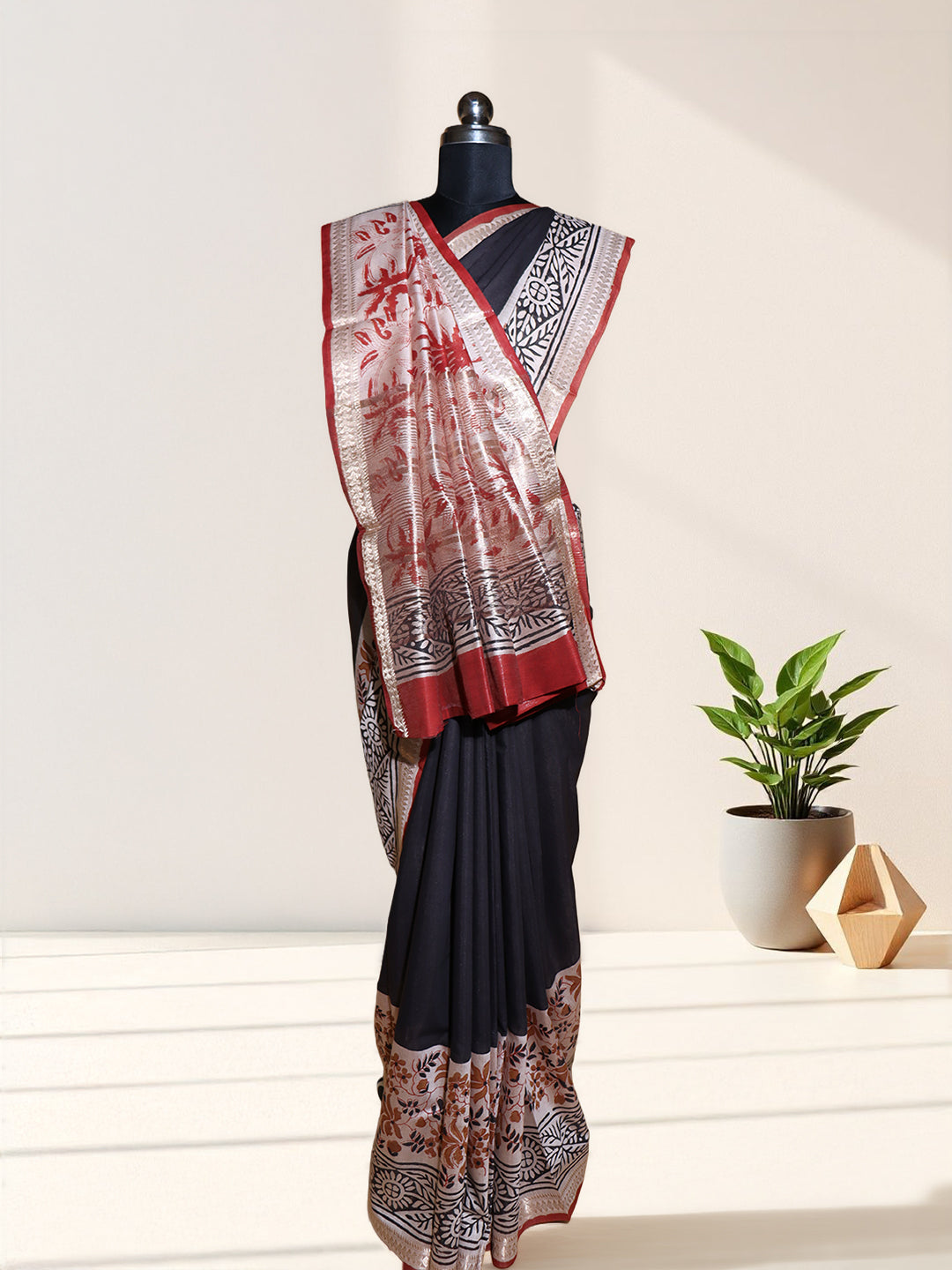 Women Black Semi Chanderi Cotton Printed Saree SC80
