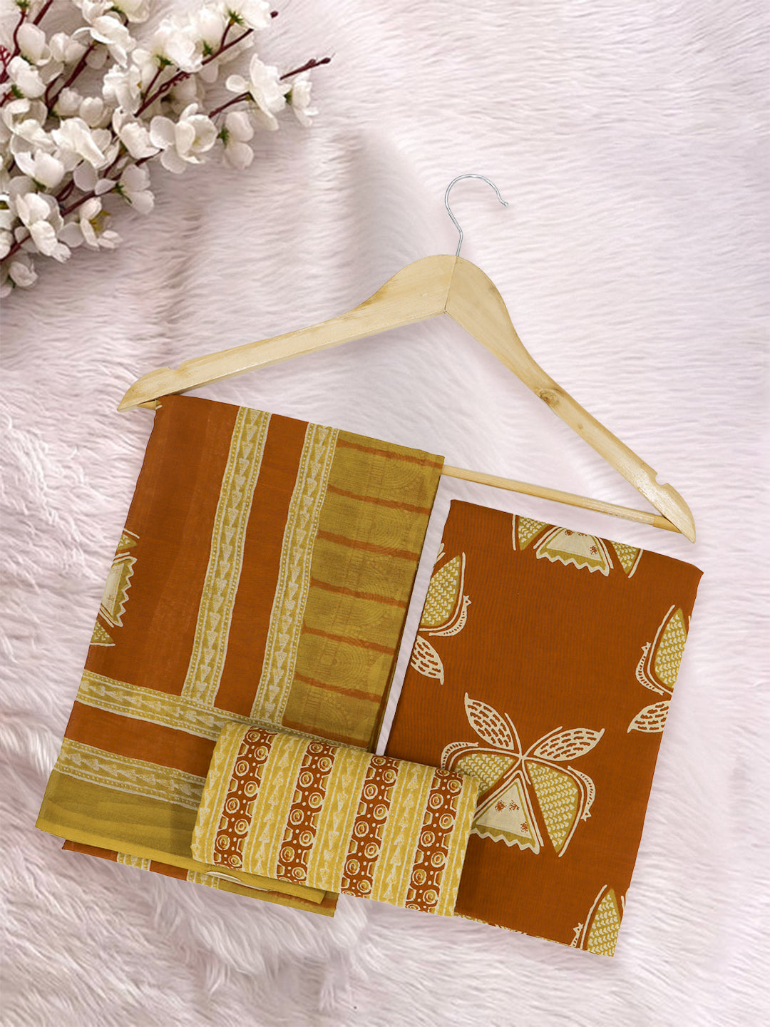 Women Pure Cotton Printed Dress Material Mustard with Rust DM344