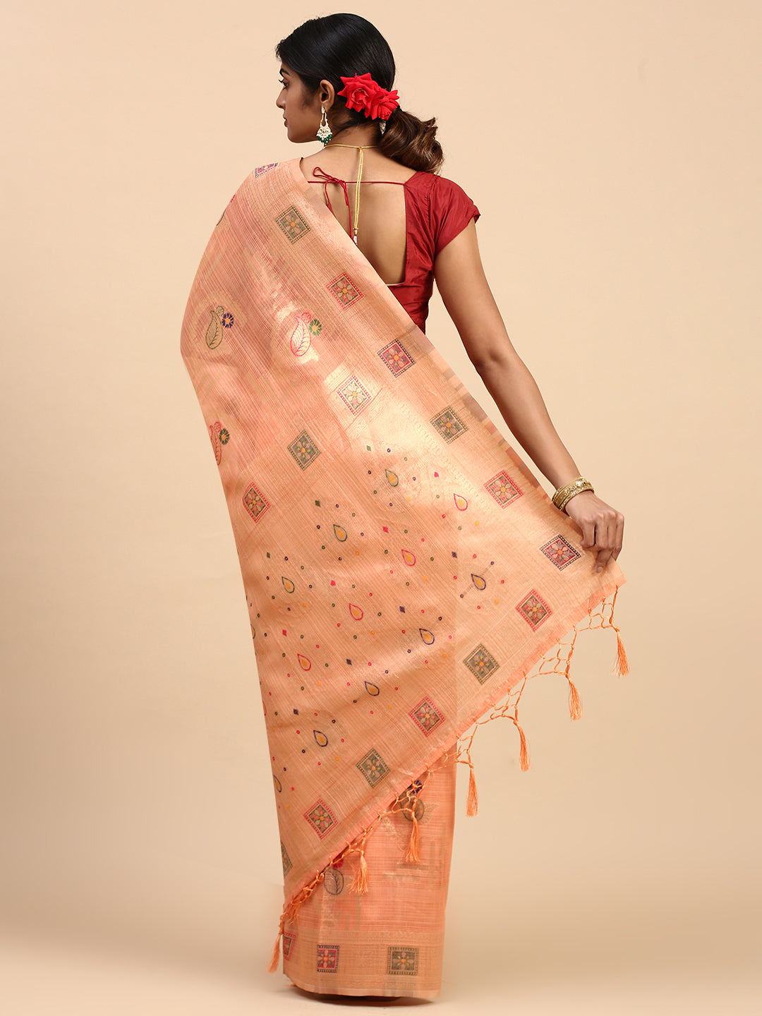 Women Semi Linen Printed Saree Orange SL165