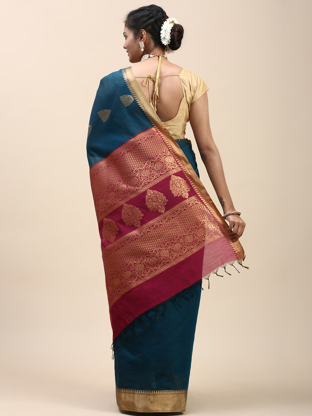 Women Semi Cotton Saree Blue with Pink SC29