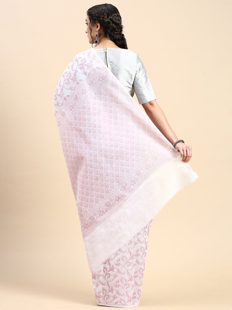 Stylish Off White & Pink Flower Design Semi Kora Cotton Saree SK80