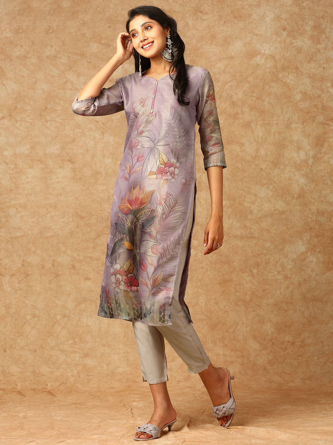 Women Tissue Printed Kurti Set Purple EKS35