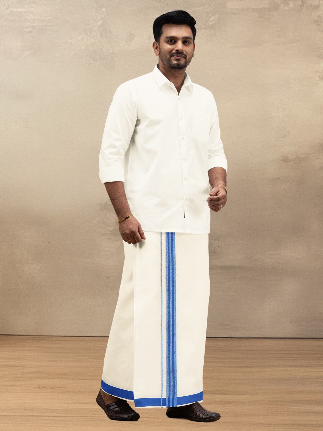 Men Kora Cotton Double Layer Dhoti with Blue Fancy Border VKF16