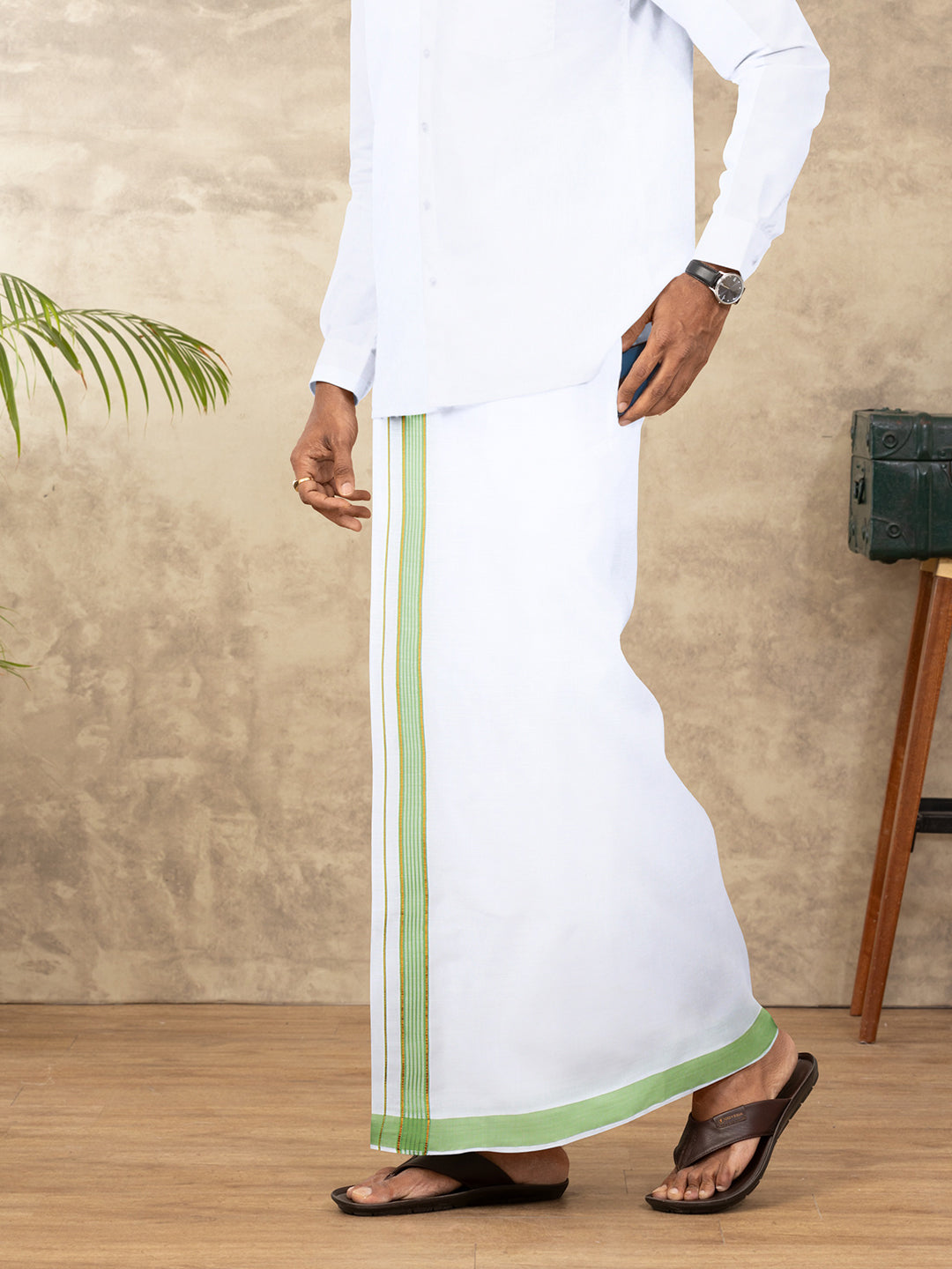 Men Cotton Blend Readymade Single Layer White Dhoti with Fancy Jari Border GACJ46