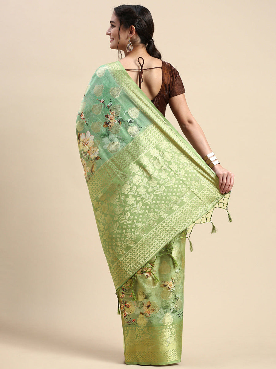 Womens Semi Tussar Green Flower Printed Saree with Tassels STP13-Back view