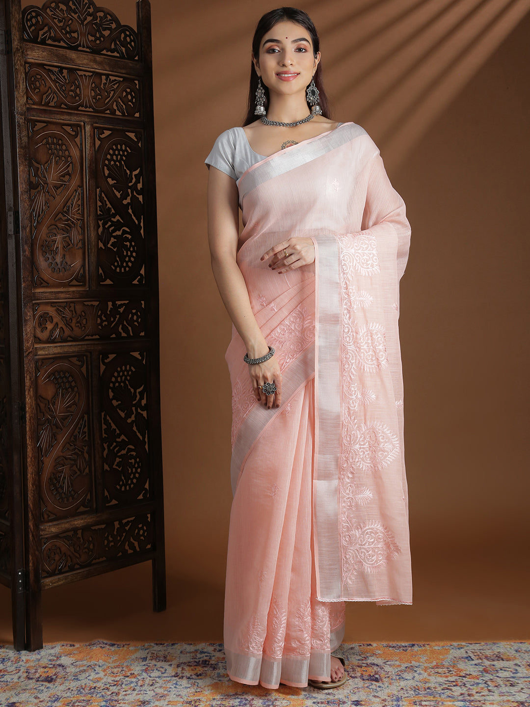 Women Light Pink Semi Linen Embroidered Saree SL238