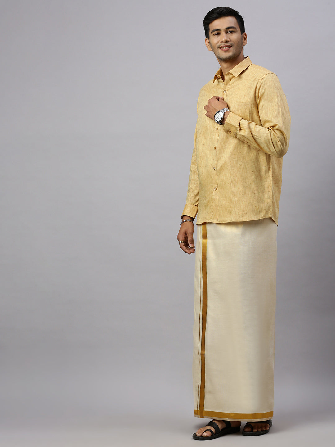 Mens Rich Cotton Gold Colour Full Sleeves Shirt with  Matching Jari Border Tissue Dhoti Set Glossy