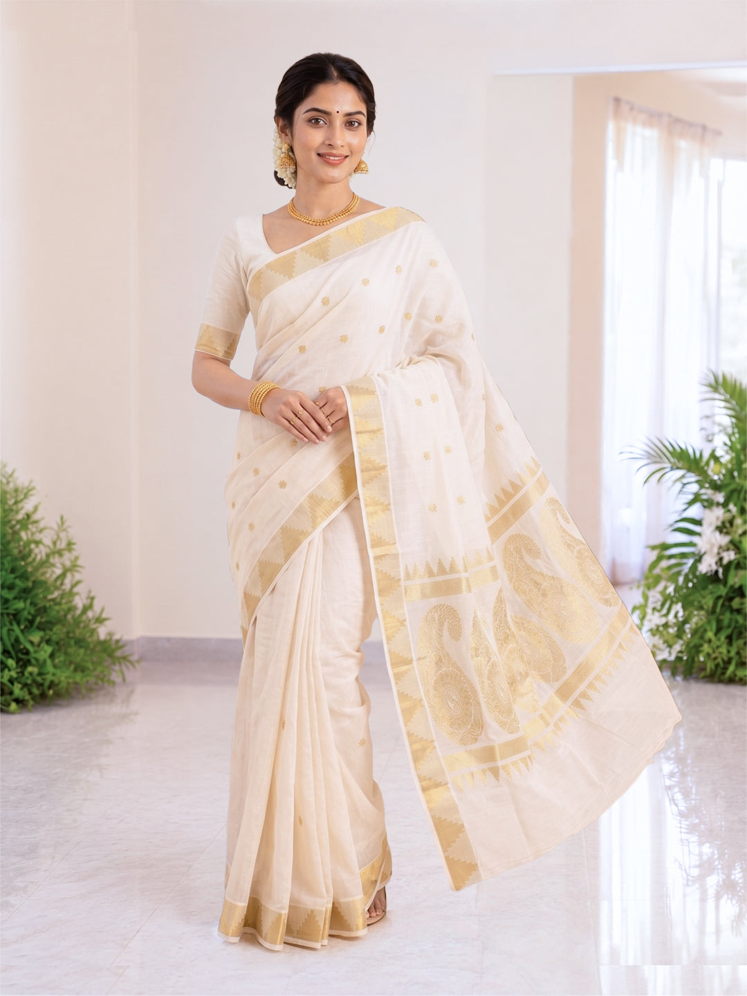 Women Kerala Cotton Gold Jari Saree KLS01