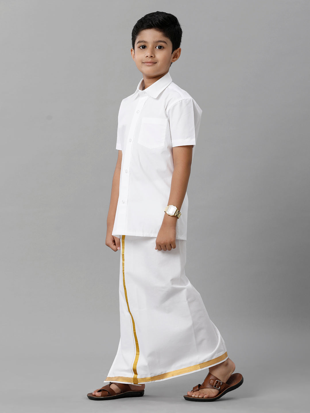 Boys Cotton Shirt with Dhoti Set White Half-side view