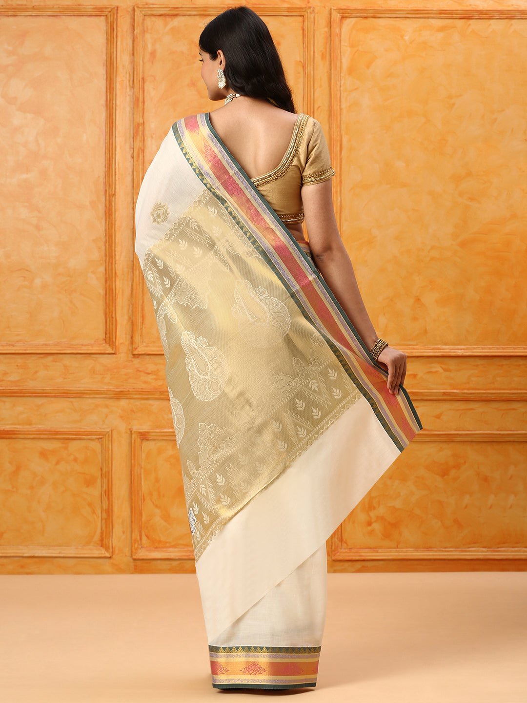 Kerala Cream Gold Jari Weaving Saree KS100