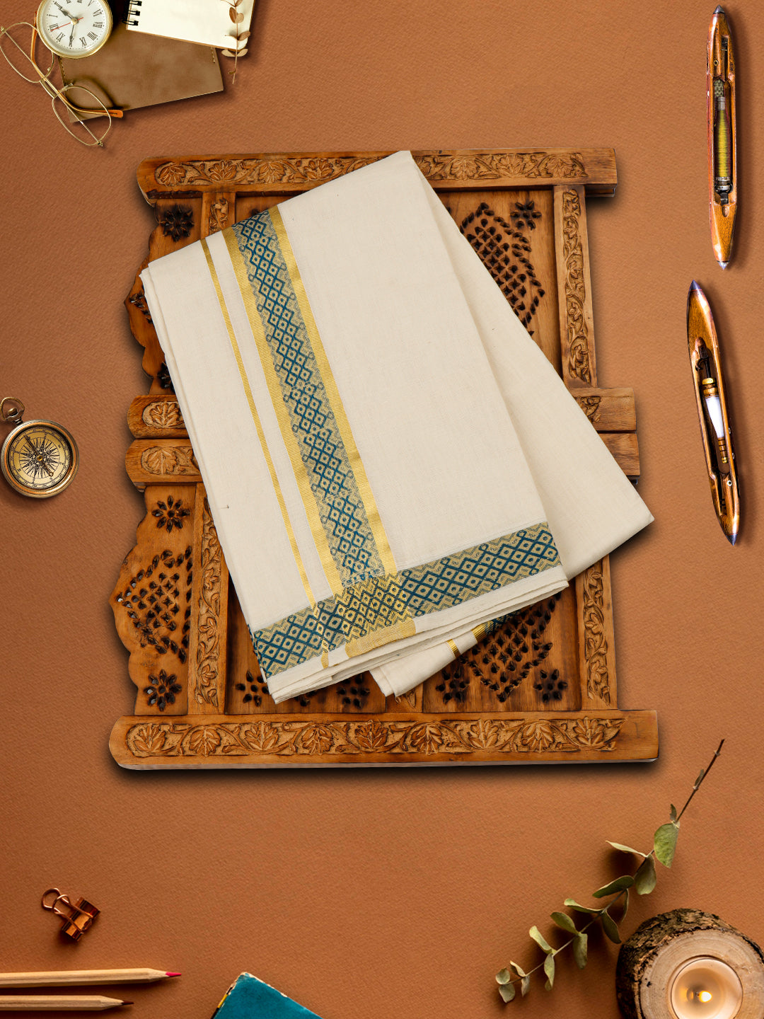 Mens Premium Handloom Cream Dhoti with Blue Gold Fancy Jari Border 115751-View two