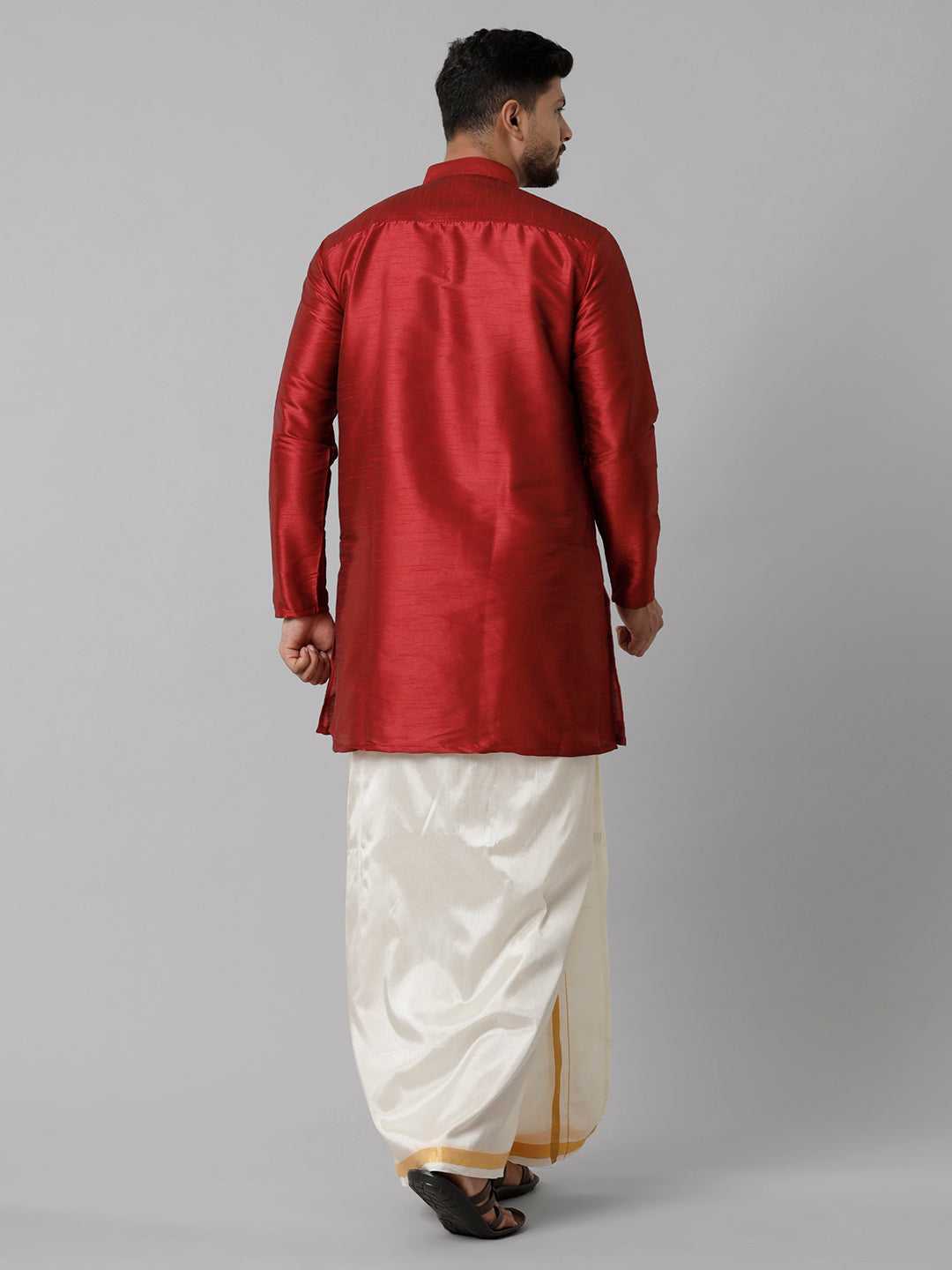 Mens Polyster Red Medium Length Kurta with Art Silk Jari Dhoti Combo SL06-Back view