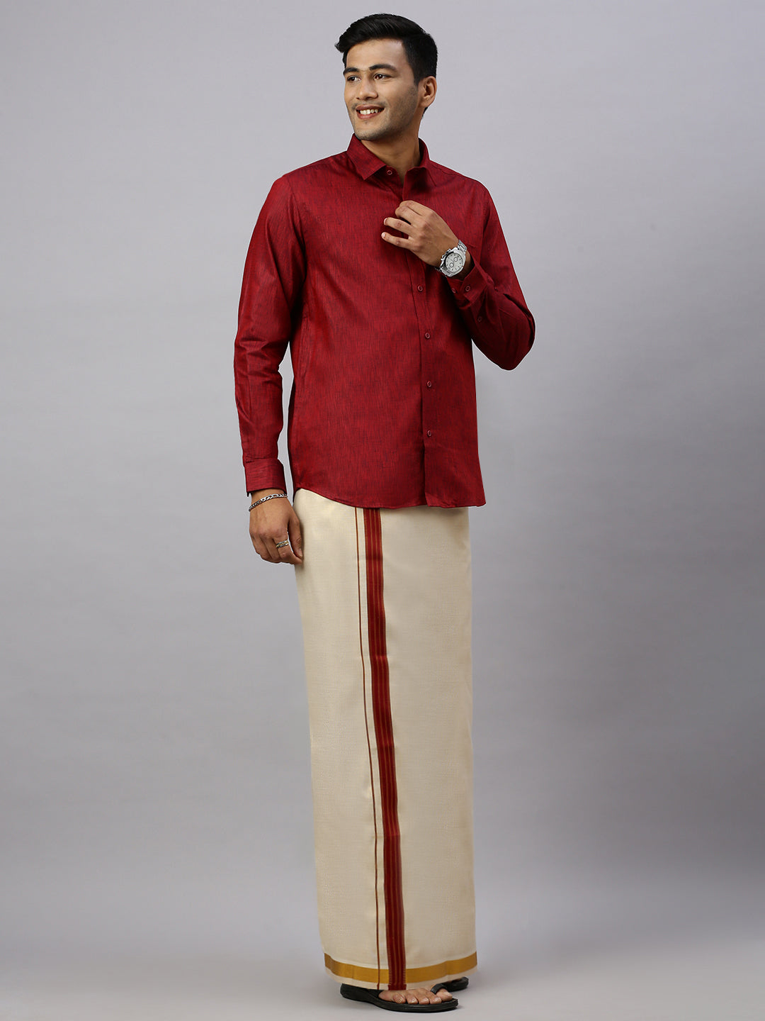 Mens Macho Marron Colour Shirt & Matching Border Tissue Dhoti  Set CCB