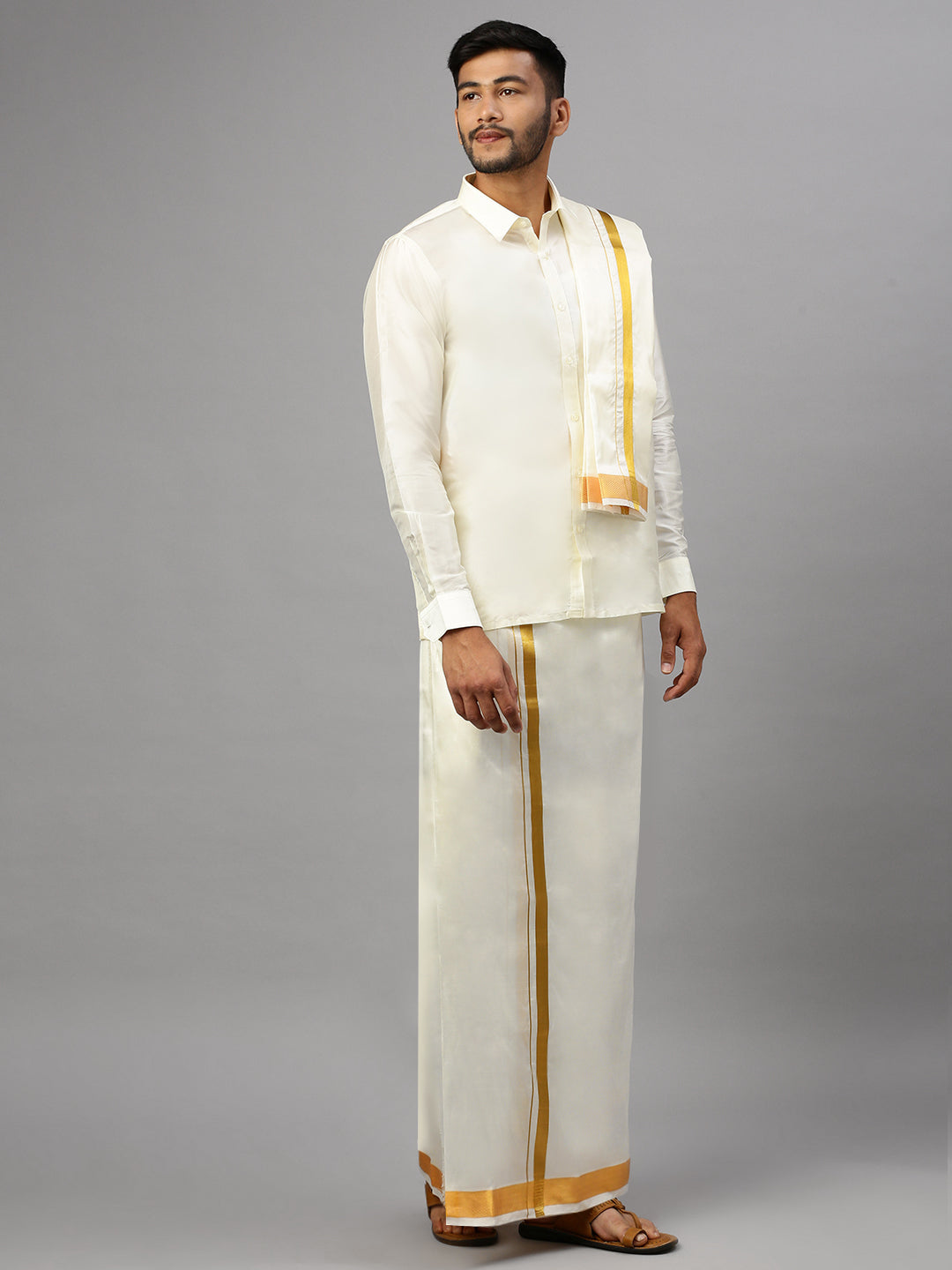 Men Pure Silk Cream 1" Jari Dhoti & Towel & Shirt