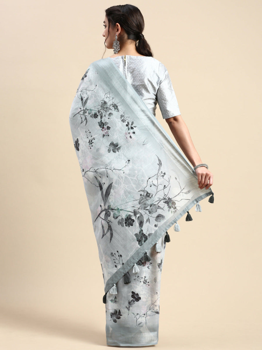 Womens Semi Linen Grey Floral Printed Embroidery Saree SLPE09