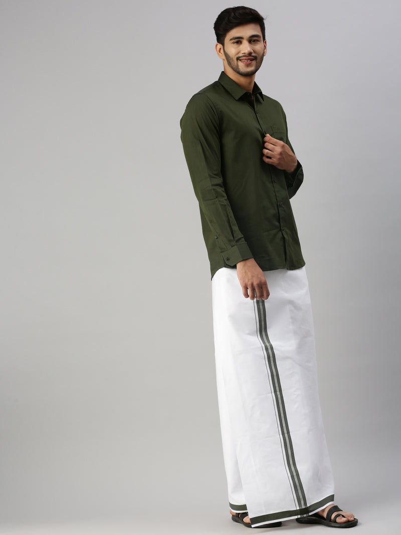 Mens Green Matching Border Dhoti & Full Sleeves Shirt Set Evolution IC8