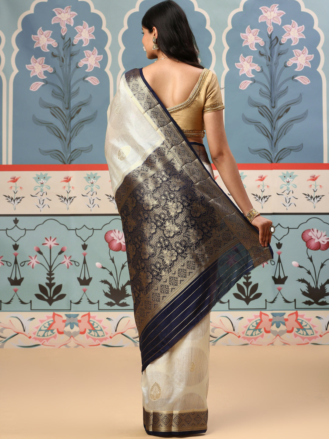 Women Semi Raw Silk Weaving Saree Cream SRS73