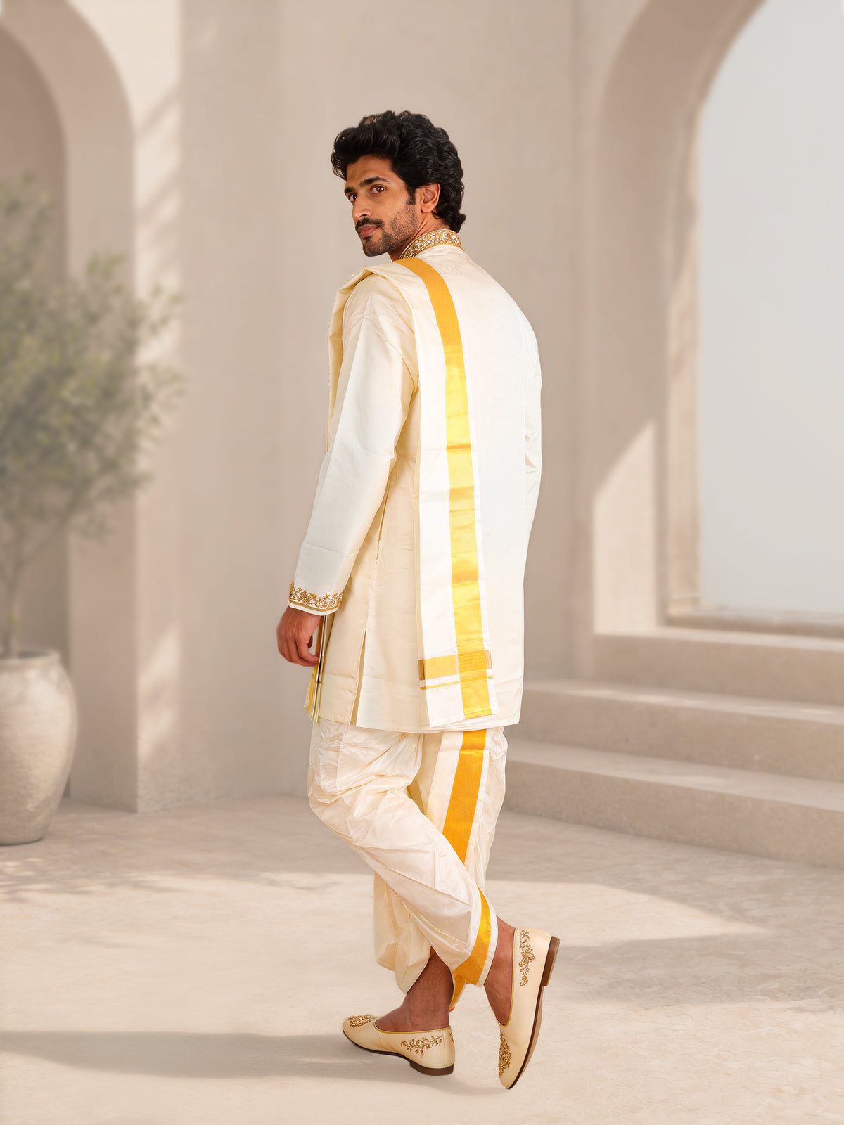 LAGNAA Premium Pure Silk Hand Embroidered Floral Motif Jari Work Kurta, Panchakacham & Angavastram set | Mangala Deepam