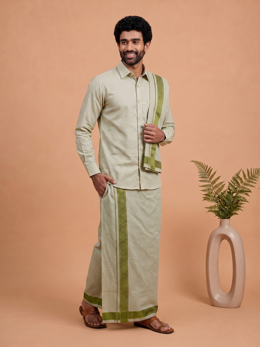 Tissue Moss Green Jacquard Shirt, Dhoti & Towel Set Set (3-in-1) | MGD13