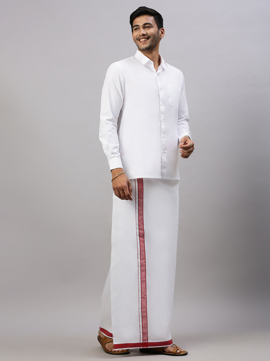 Mens White Shirt with Red Fancy Border Dhoti Combo WP02