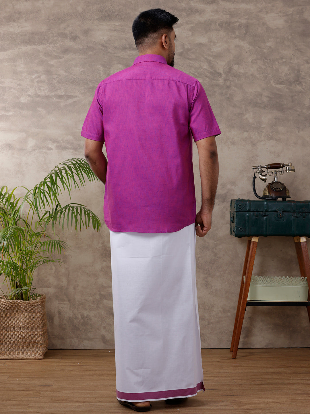 Men Matching Border Adjustable Dhoti & Half Sleeves Shirt Set C49