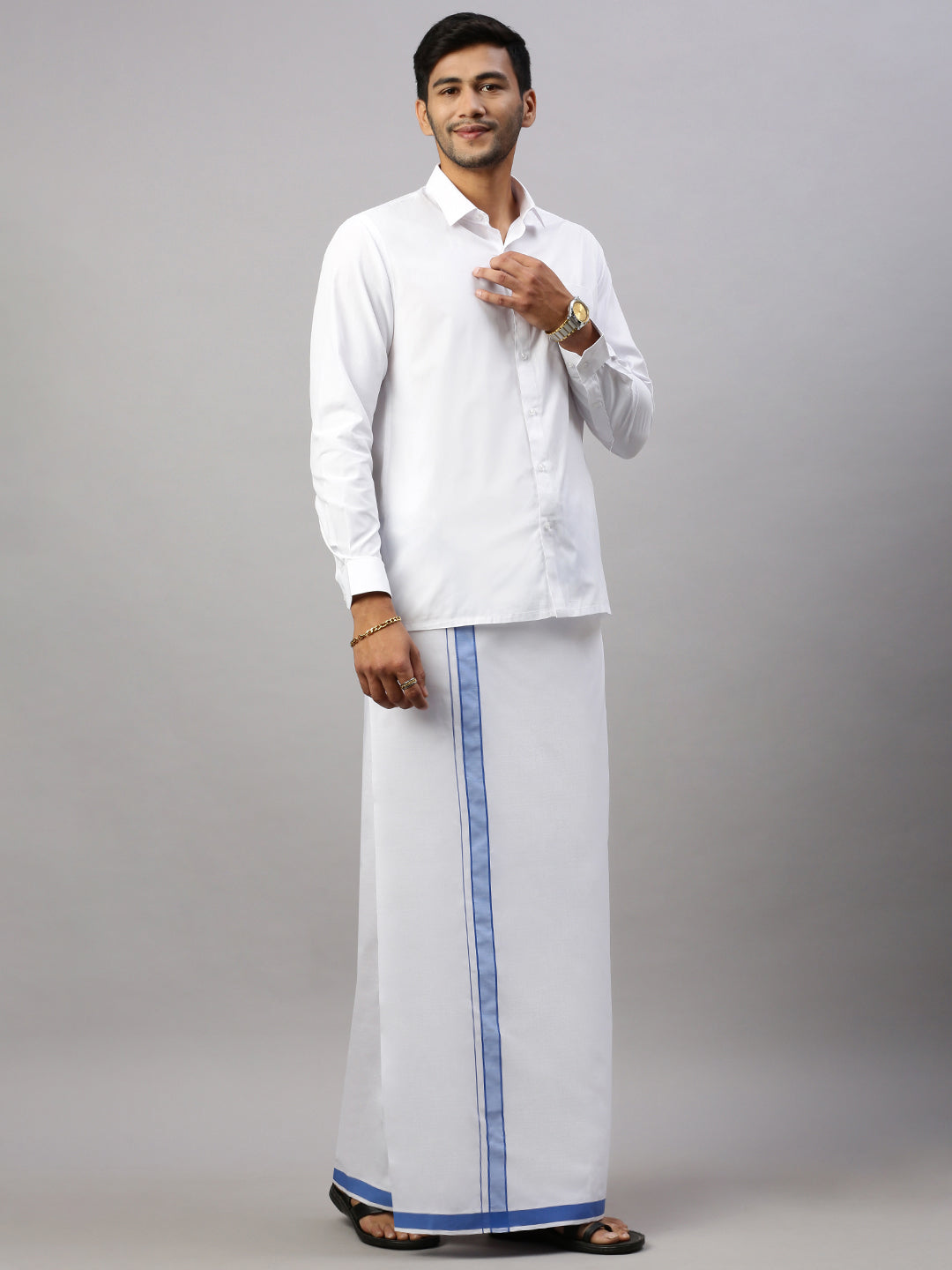 Mens White Shirt with Blue Fancy Border Dhoti Combo WP13