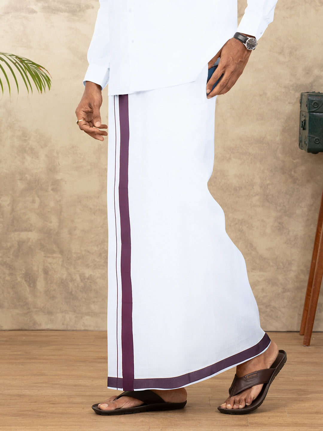 Men Cotton Blend Readymade Single Layer White Dhoti with Big Border GACS15