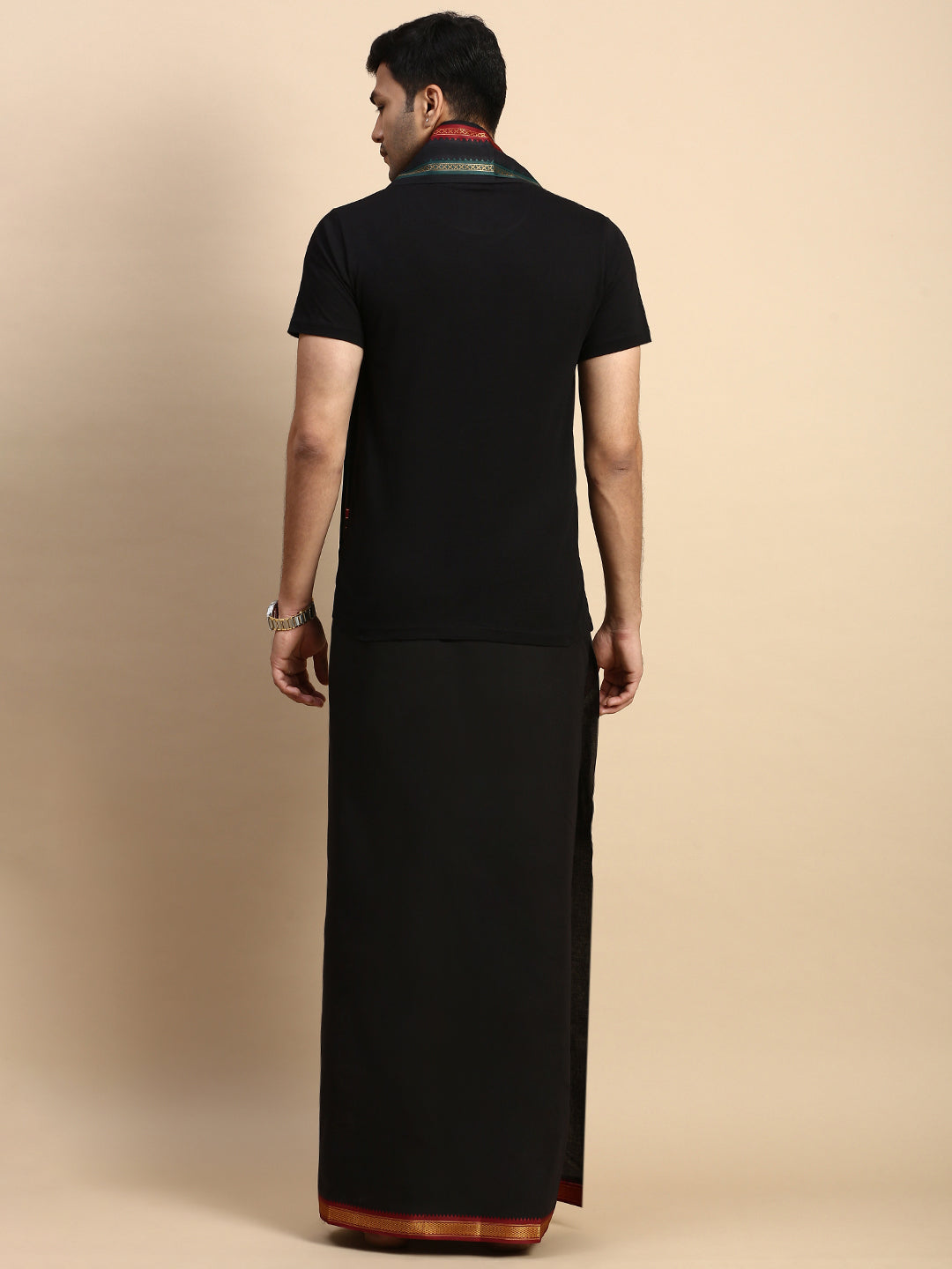 Men Devotional Mayilkhan Border Dhoti with Towel & TShirt Set Black ET14