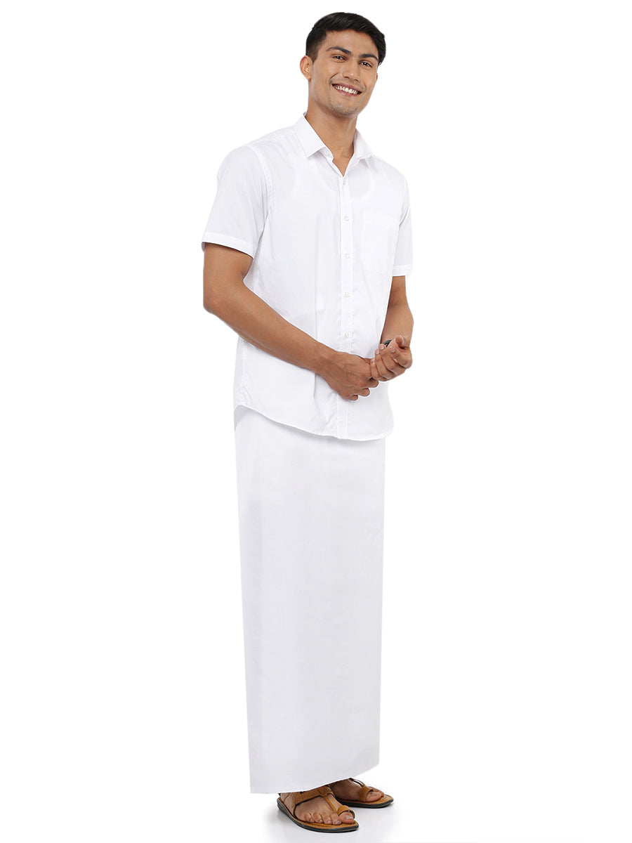 Mens Cotton Single Dhoti White with Small Border Golden Car Paramas-side view